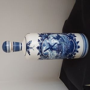 Vtg Delfware Bols Jenever Bottle w Cork Lid Blue Windmill Design 10"H